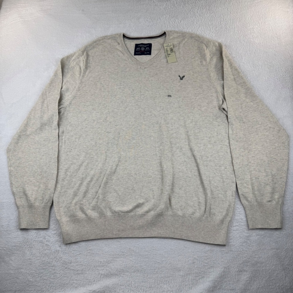 NEW American Eagle V-Neck Sweater‎ Mens XXL Oatmeal Athletic Fit Pullover NWT